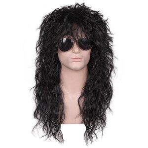 Men's 80s Long Curly Black Rocker Wig Costume Hair Halloween Party Retro Style